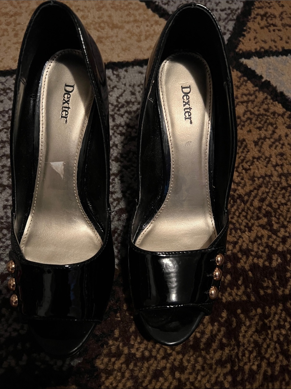 Dexter Black Patent Peep-Toe Heels with Gold Accent Buttons